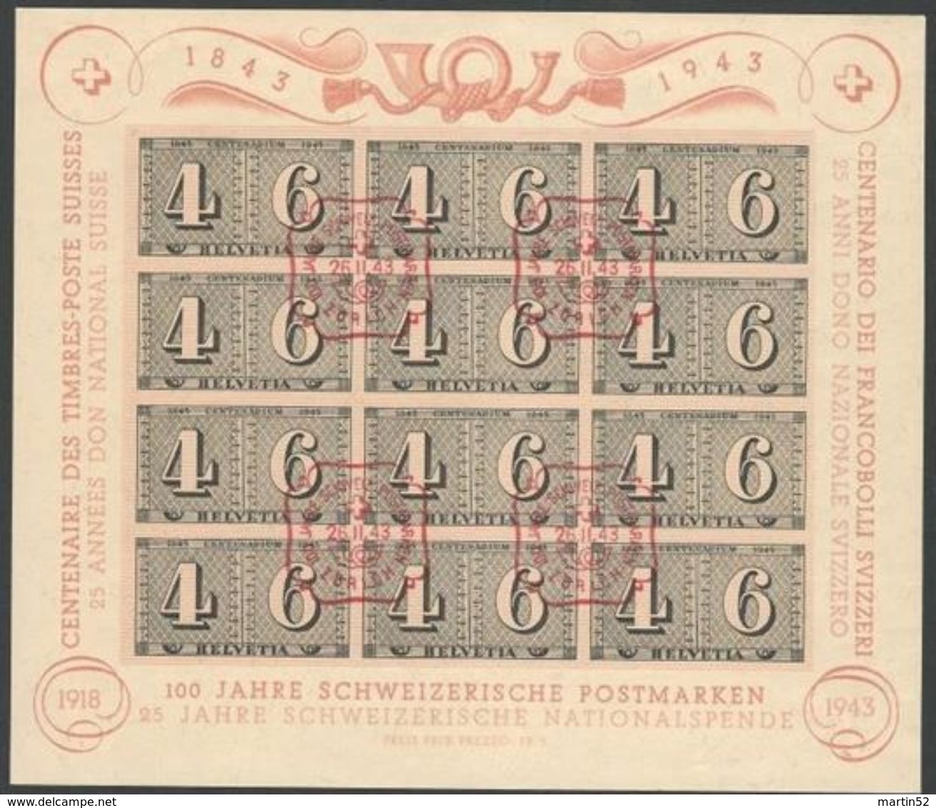 Schweiz Suisse 1943: Zürich-Luxusbogen Zu WIII16 Mi Block 9 Yv BF 8 Mit Ersttag-Stempel ZÜRICH 26.II.43 (Zu CHF 90.00) - Bloques & Hojas