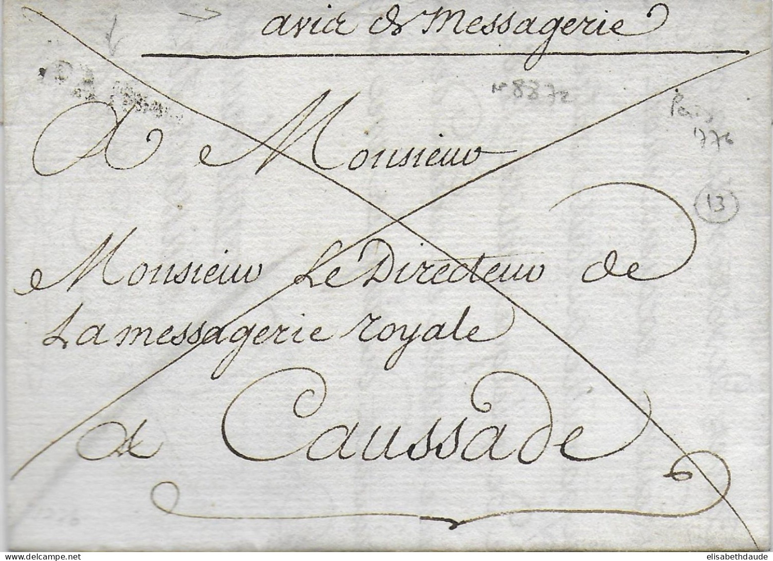 1776 - LETTRE En FRANCHISE "AVIS De MESSAGERIE" De PARIS => DIRECTEUR MESSAGERIE ROYALE De CAUSSADE - 1701-1800: Précurseurs XVIII