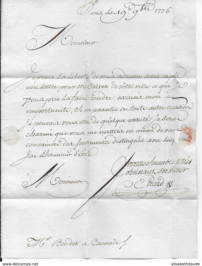 1776 - LETTRE En FRANCHISE "AVIS De MESSAGERIE" De PARIS => DIRECTEUR MESSAGERIE ROYALE De CAUSSADE - 1701-1800: Précurseurs XVIII