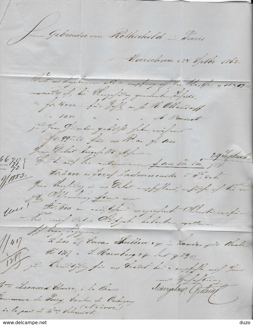 Warschau - LAC 25/9/1862  P.D. En Rouge  Aus Russland Franco - Ent Valenciennes 3 Prusse Varsovie >>>>Rothschild  Paris - Lettres & Documents