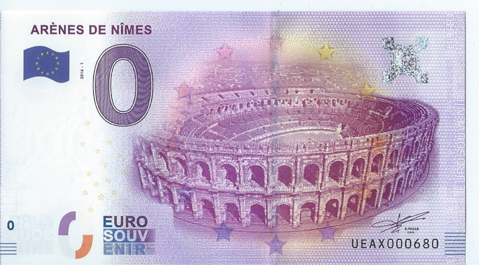 2016  BILLET TOURISTIQUE 0 Euros    Arenes De Nimes       Dpt 30   Numero Aleatoire   Port 1.20   Epuise - Essais Privés / Non-officiels