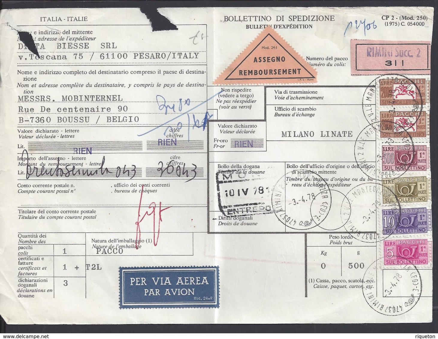 ITALIE - 1978 - Bulletin D'expédition Contre Remboursement, Par Avion, De Rimini Pour Boussu (BEL) - - Colis-postaux