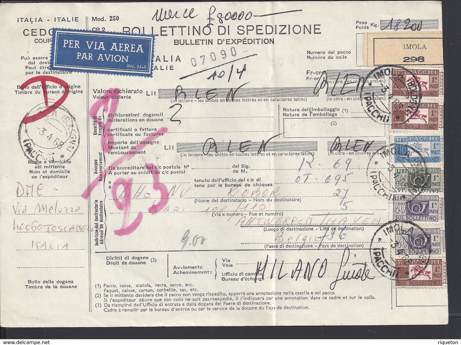 ITALIE - 1968 - Bollettino Di Spedizione Par Avion, De Imola Pour Antwerpen - Non Livré Et Retour Par Voie De Surface - - Colis-postaux