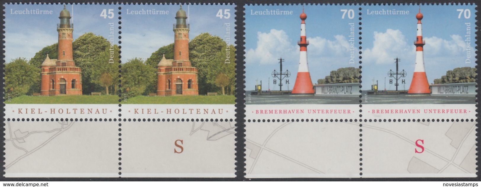 !a! GERMANY 2017 Mi. 3316-3317 MNH SET Of 2 Horiz.PAIRS W/ Bottom Margins (b) - Lighthouses: Kiel-Holtenau / Bremerhaven - Neufs