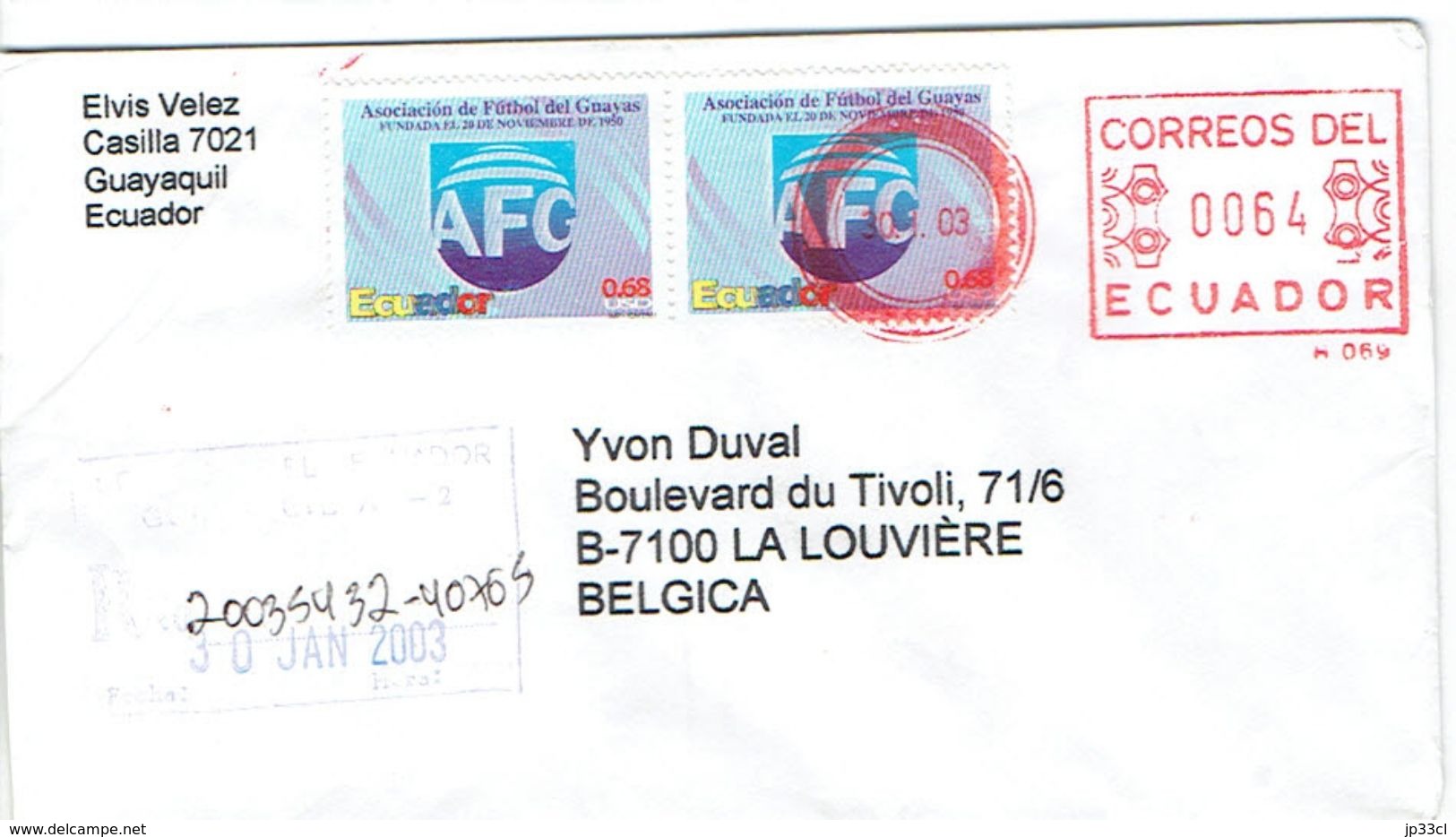 Lettre Recommandée De Guayaquil, Equateur (Ecuador) Avec Timbres Football Futbol Du 30/1/2003 Vers La Belgique - Ecuador