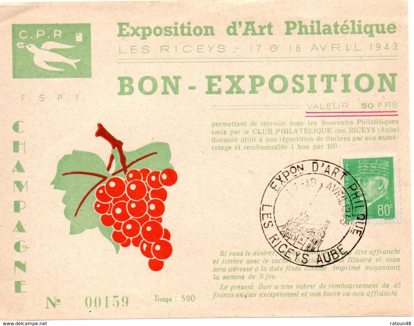 Bon Exposition D'art Philatélique Les Riceys Les 17& 18 Avril 1943 - France - Wein & Alkohol