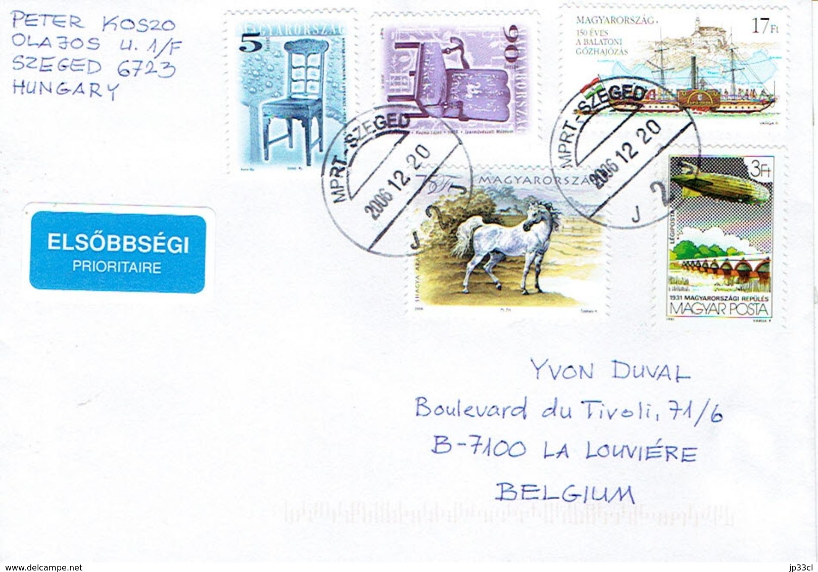 Lettre De Szeged, Hongrie Avec 5 Timbres Vers La Belgique (20/12/2006) - Cartas & Documentos