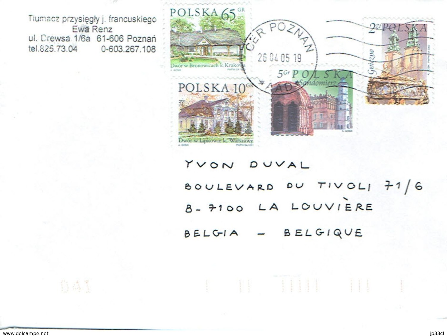 Lettre De Pologne Avec 4 Timbres De Poznan Vers La Belgique (26/04/2005) - Cartas & Documentos