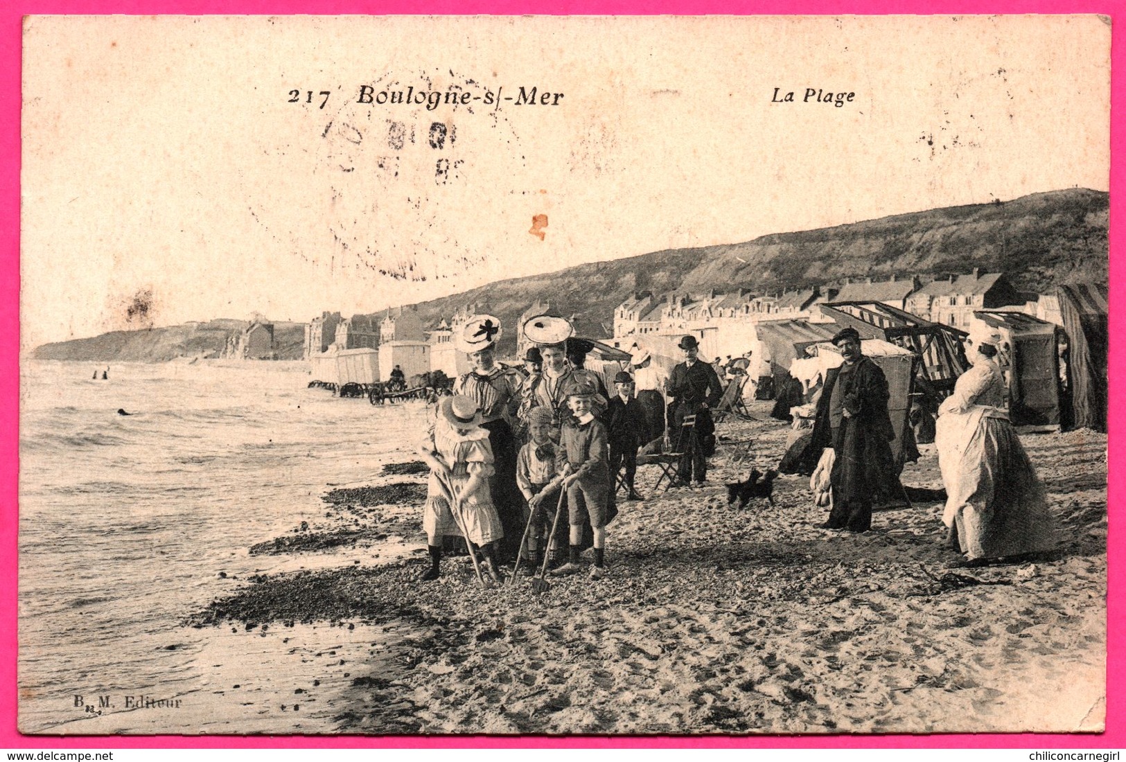 Boulogne Sur Mer - La Plage - Famille - Cabines Solaires - Chien - Animée - Edit. B.M. - 1908 - Boulogne Sur Mer