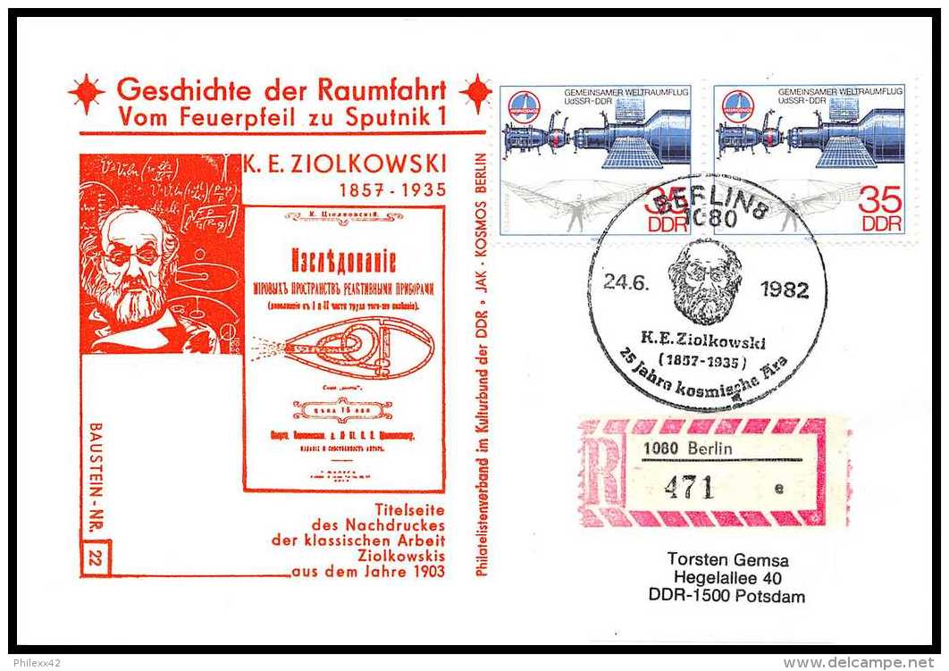 8986/ Espace (space) Lettre Cover 24/6/1982 ZióÅ‚kowski Geschichte Der Sputnik Spoutnik 1 Allemagne (germany DDR) - Europa