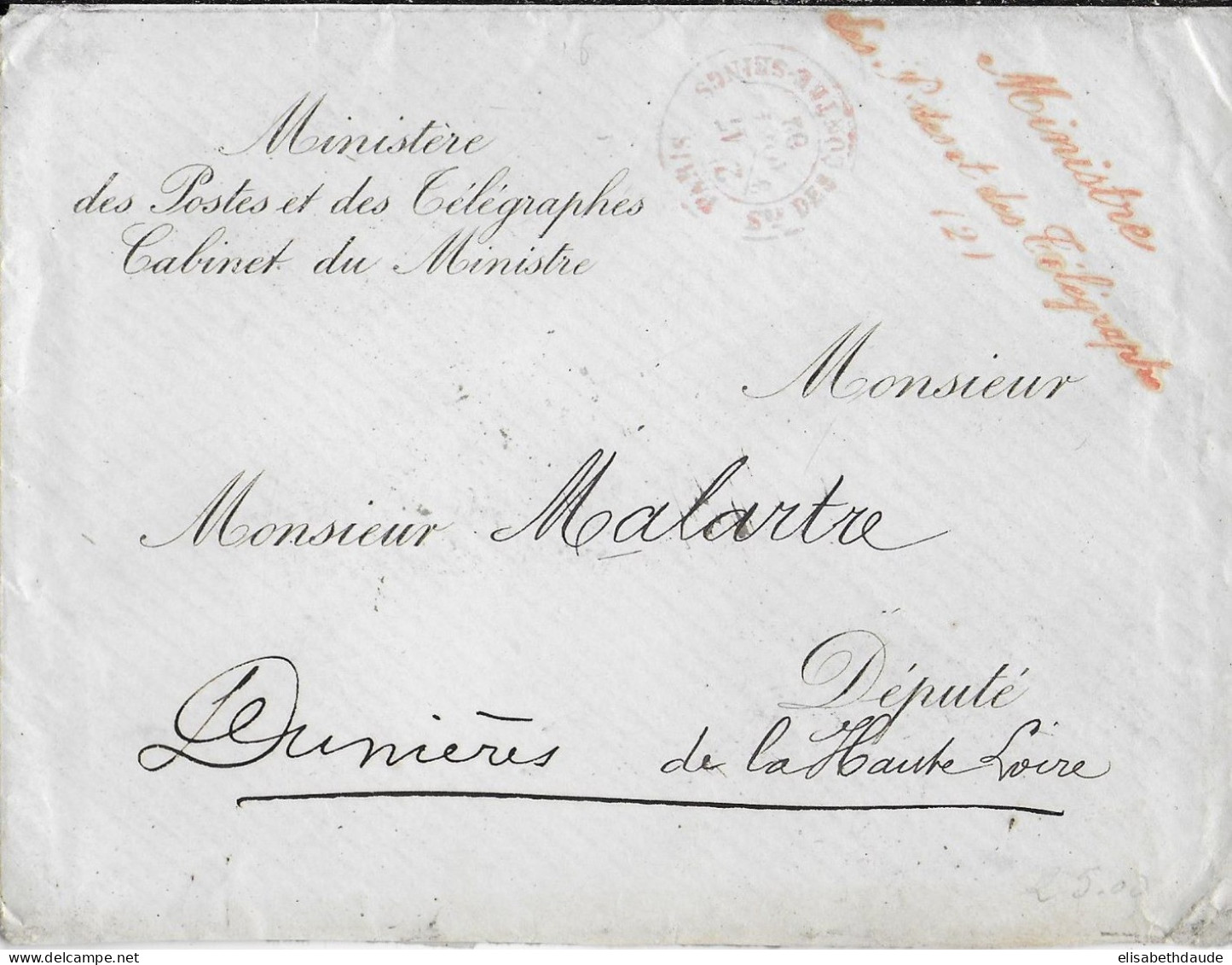 1882 - ENVELOPPE à EN-TETE Du MINISTRE Des POSTES Et TELEGRAPHES - CONTRE-SEINGS => DEPUTE De HAUTE LOIRE à DUNIERES - Frankobriefe