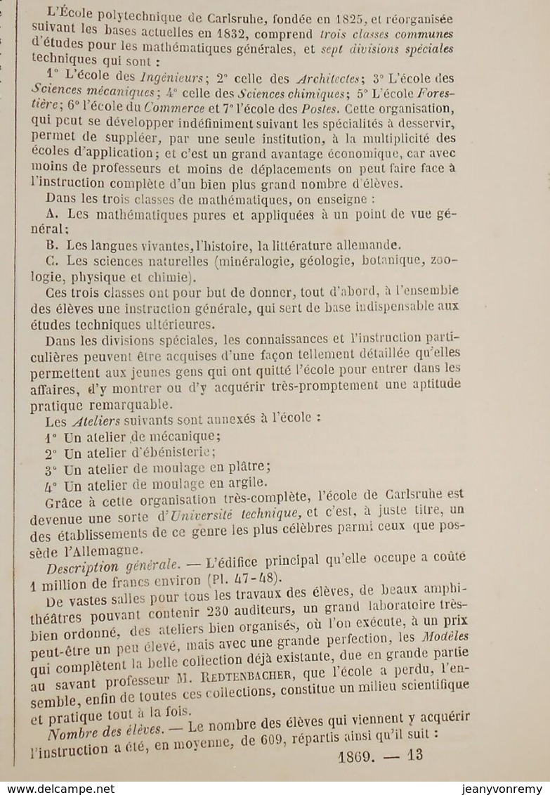 Plan De L'Ecole Polytechnique De Karlsruhe. Grand Duché De Bade. Allemagne. 1869 - Travaux Publics