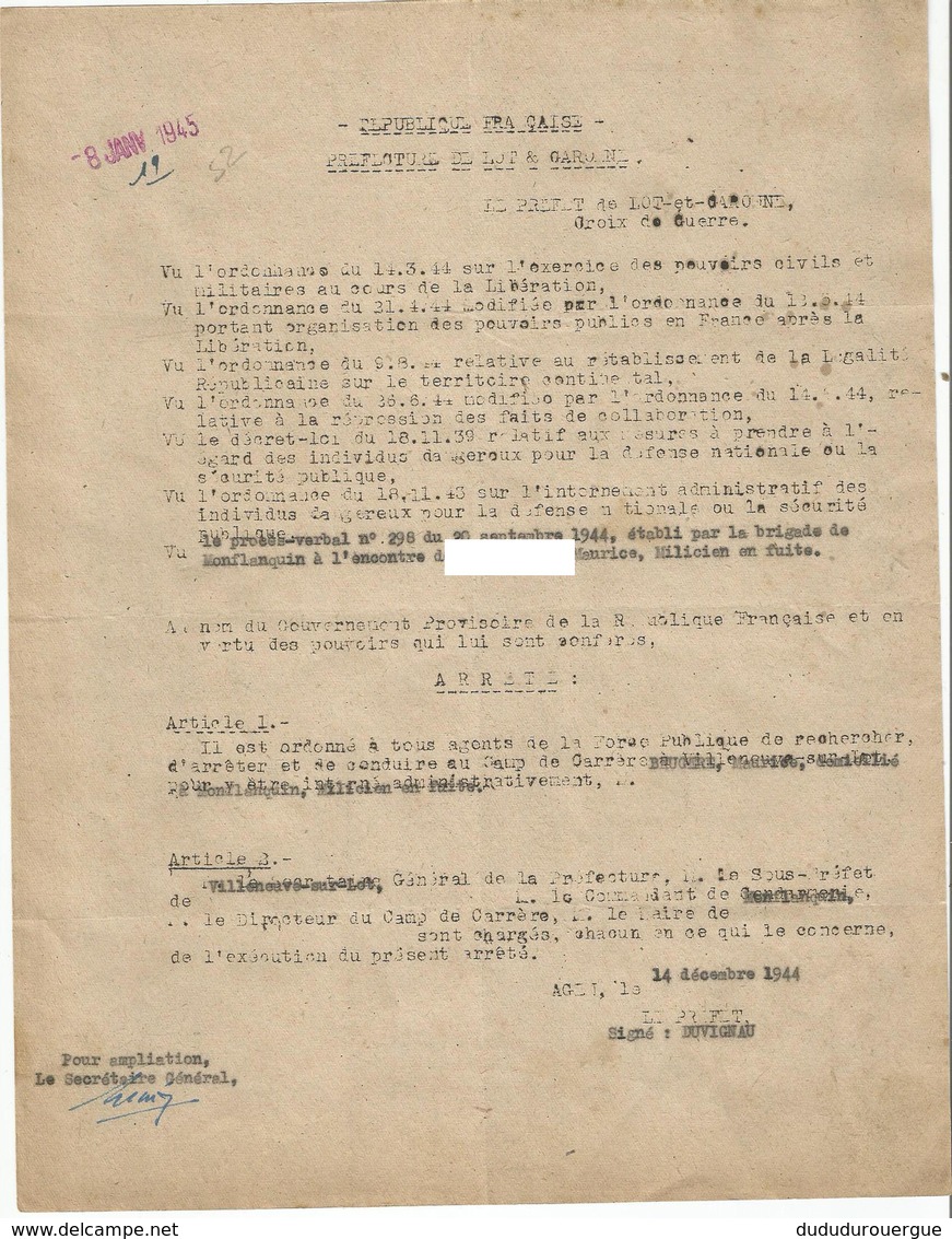 COMMUNE DE MONFLANQUIN : AVIS DE RECHERCHE PAR LA BRIGADE DE MONFLANQUIN D UN MILICIEN EN FUITE - Unclassified