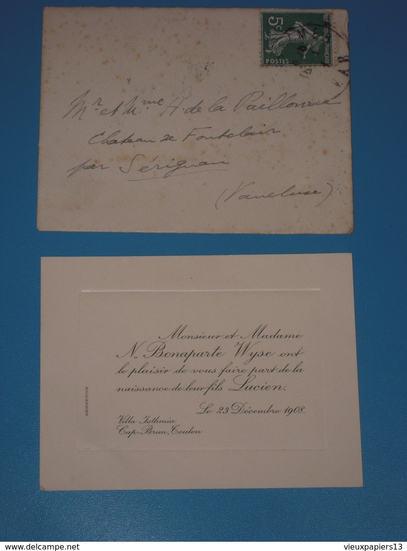 Faire Part De Naissance Napoléon. BONAPARTE WYSE Lucien 23 Décembre 1908 Villa Isthmia Cap Brun Toulon - Benneton - Geburt & Taufe