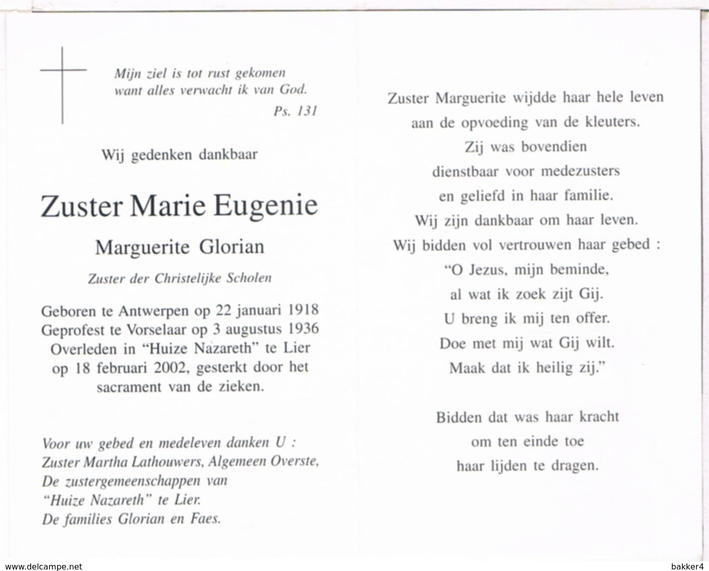 Dp. Zuster Marie,Eugenie. Glorian Marguerite. ° Antwerpen 1918 † Lier 2002  (2 Scan's) - Religion & Esotérisme