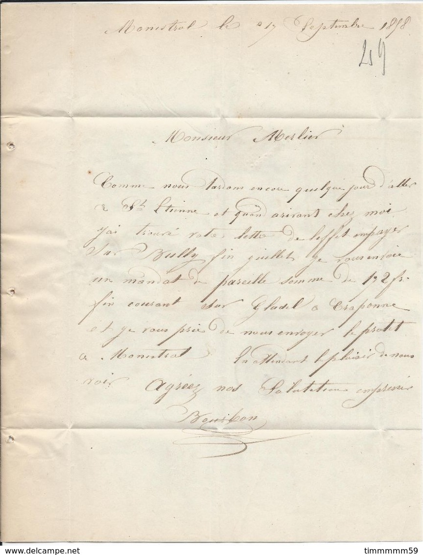 LT4487  N°14A/Lettre, Oblit PC 2040 Monistrol, Haute-Loire (41), Ind 4 Pour ST Etienne De Sept 1858 - 1853-1860 Napoleone III