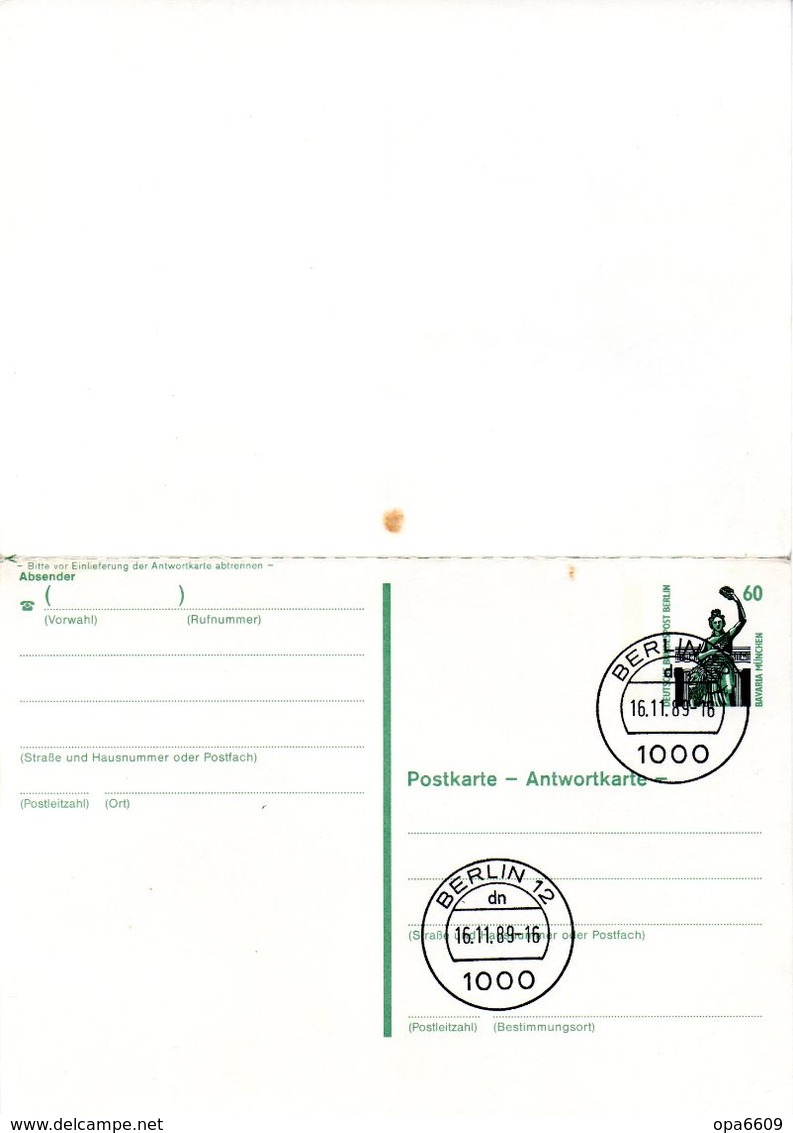 WB Amtl. Ganzsachen-Postkarte Mit Antwort P133  Wst. "BAVARIA MÜNCHEN" 60/60(Pf) Grün, TSt 16.11.89 BERLIN 12 1 - Postkarten - Gebraucht