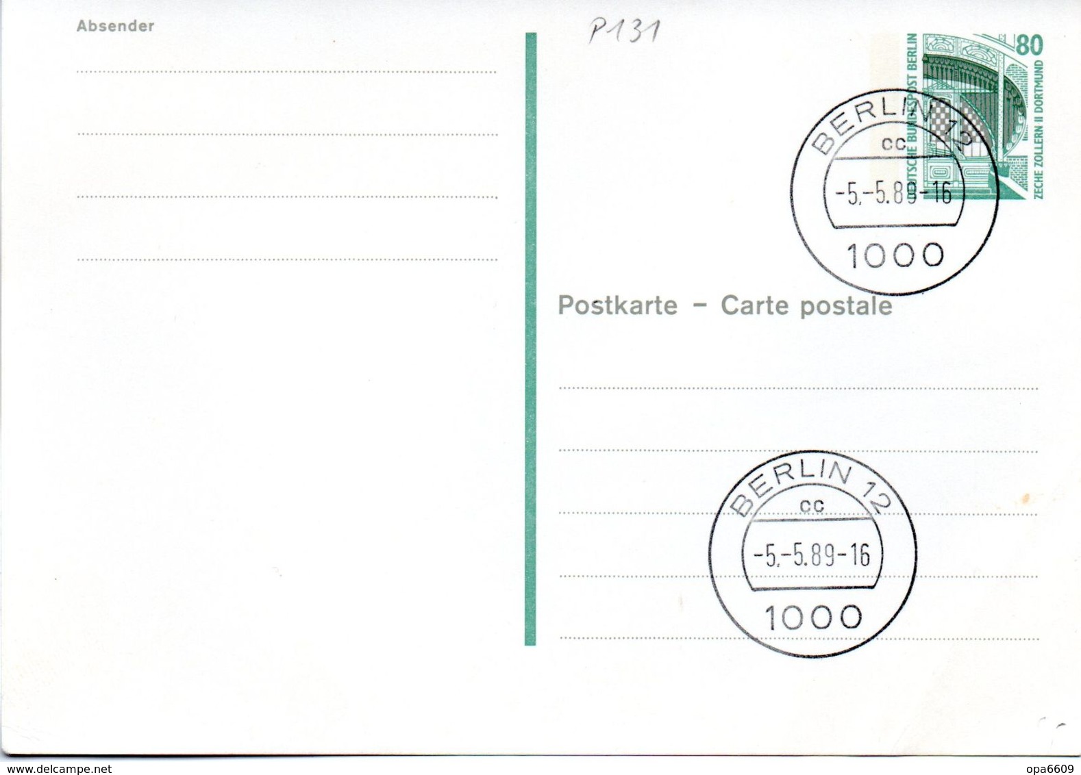 WB Amtl. Ganzsachen-Postkarte P131  Wst. "ZECHE ZOLLERN" 80(Pf) Grün, TSt.5.5.89 BERLIN 12 - Postkarten - Gebraucht