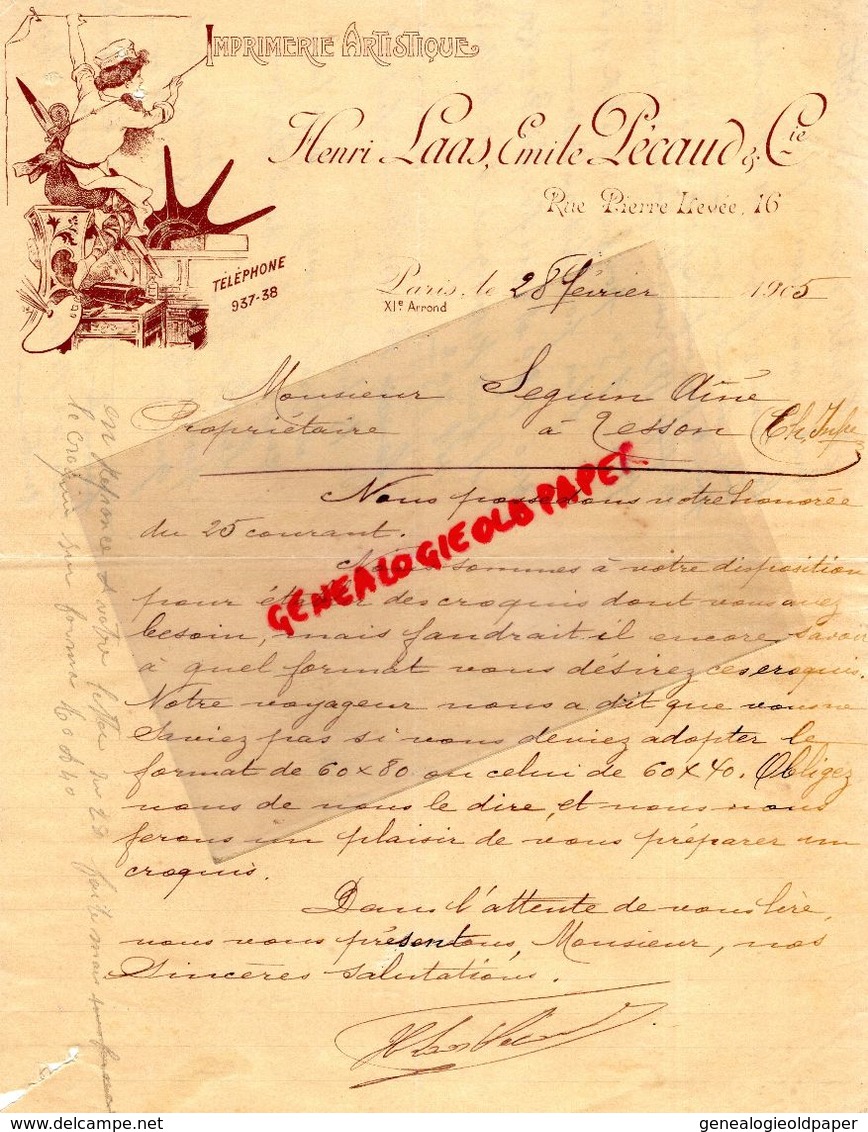 75- PARIS- RARE LETTRE MANUSCRITE SIGNEE HENRI LAAS -EMILE PECAUD-16 RUE PIERRE LEVEE-IMPRIMERIE IMPRIMEUR-1905 - Druck & Papierwaren