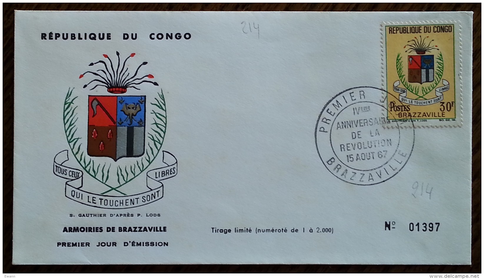 CONGO - FDC 1967 - YT N°214 - Anniversaire De La Révolution - FDC