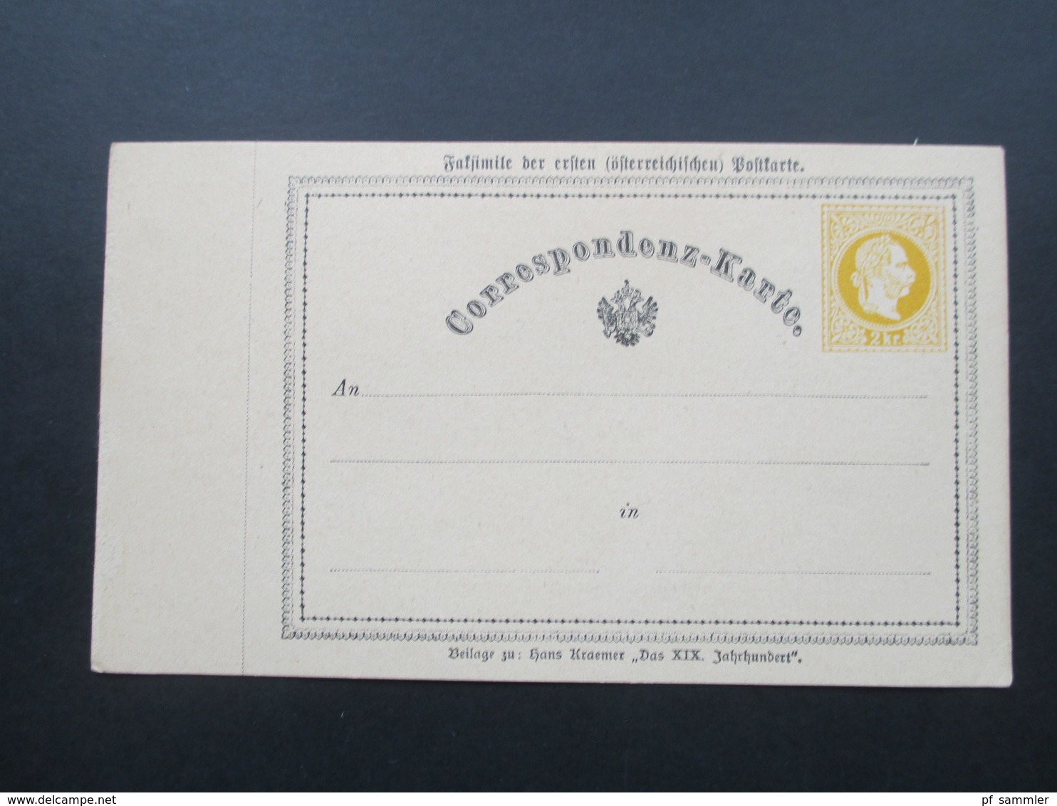 Österreich Faksimile Der Ersten österreichischen Postkarte. Beilage Zu Hans Kraemer Das XIX. Jahrhundert. Neudruck! - Brieven En Documenten