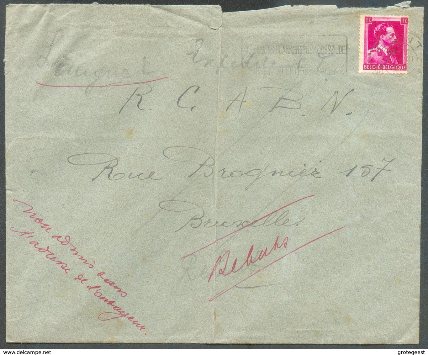 Enveloppe Affr. Léopold III 1Fr. Dc GENT7-12-1944 Vers Bruxelles Et Rebutée, Manuscrit 'non Admis Au Transport Sans L'ad - Otros & Sin Clasificación