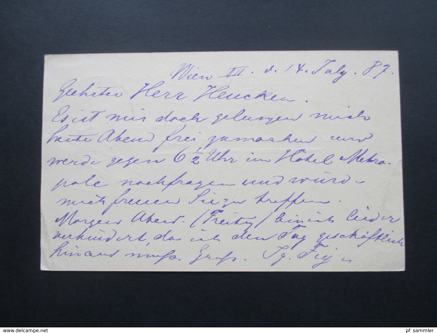 Österreich 1887 Ganzsache Stempel K1 Favoriten Wien. Hotel Metropole Zimmer 272. Mit Handschriftl. Vermerk!! - Briefe U. Dokumente