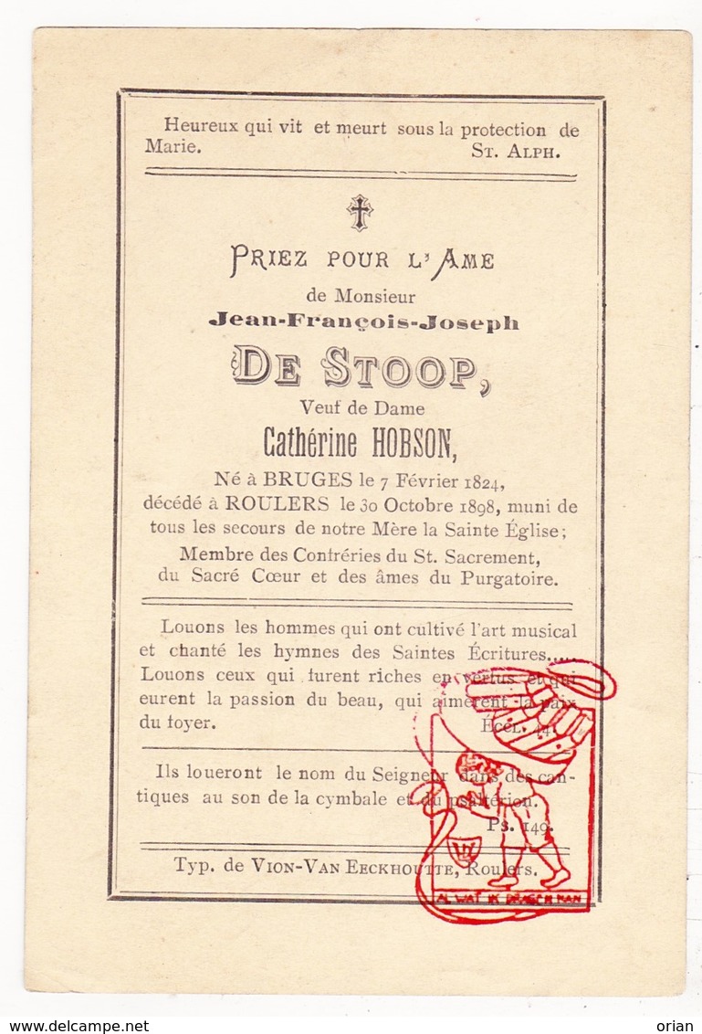 DP Jean Fr. De Stoop DeStoop ° Brugge 1824 † Roeselare 1898 X Cath. Hobson ° London UK † 1882 / Litho Vd Vyvere - Andachtsbilder