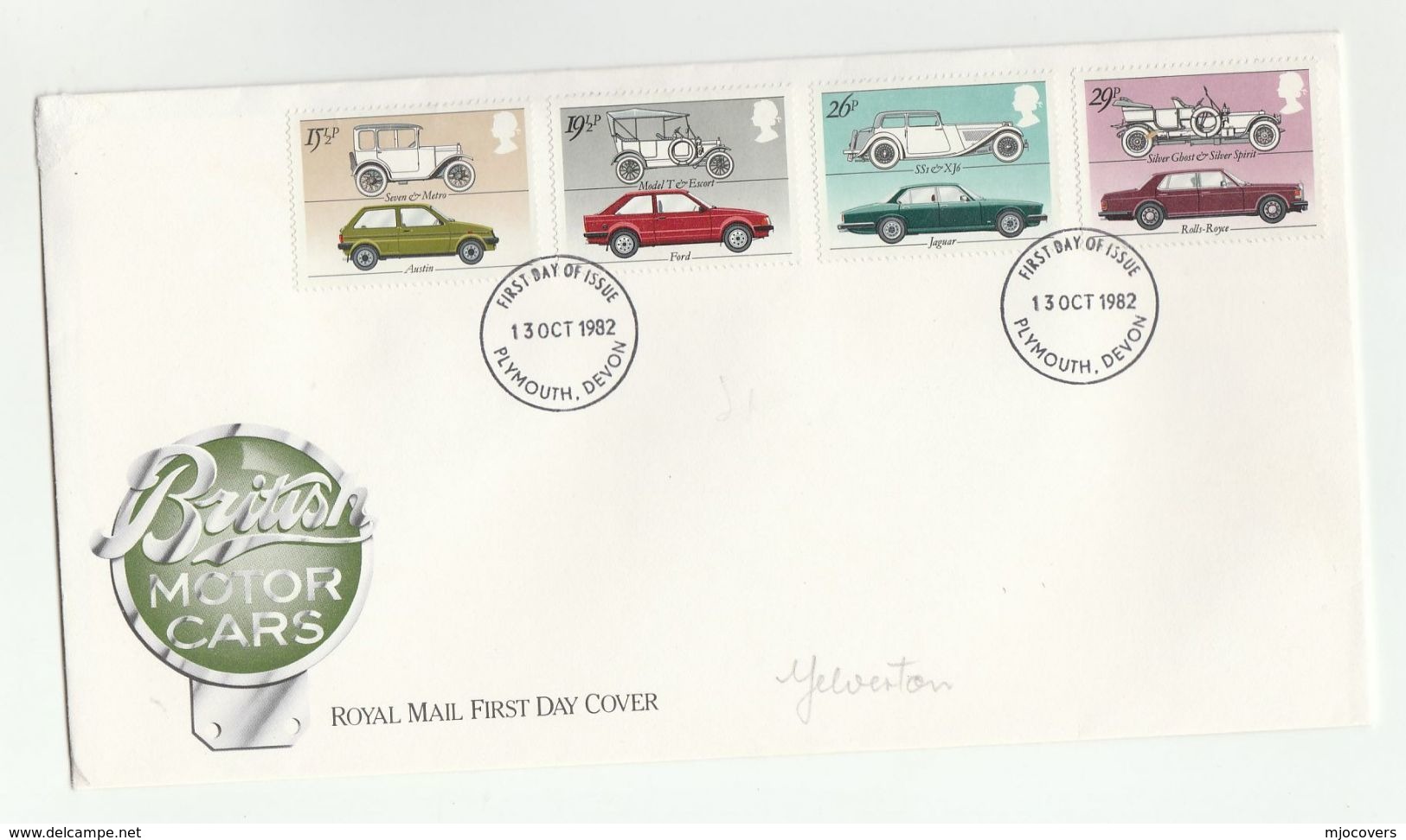 1982 Plymouth GB FDC Classic CARS ROLLS ROYCE SILVER GHOST, JAGUAR, AUSTIN 7, FORD    Stamps Cover Car - 1981-1990 Decimal Issues