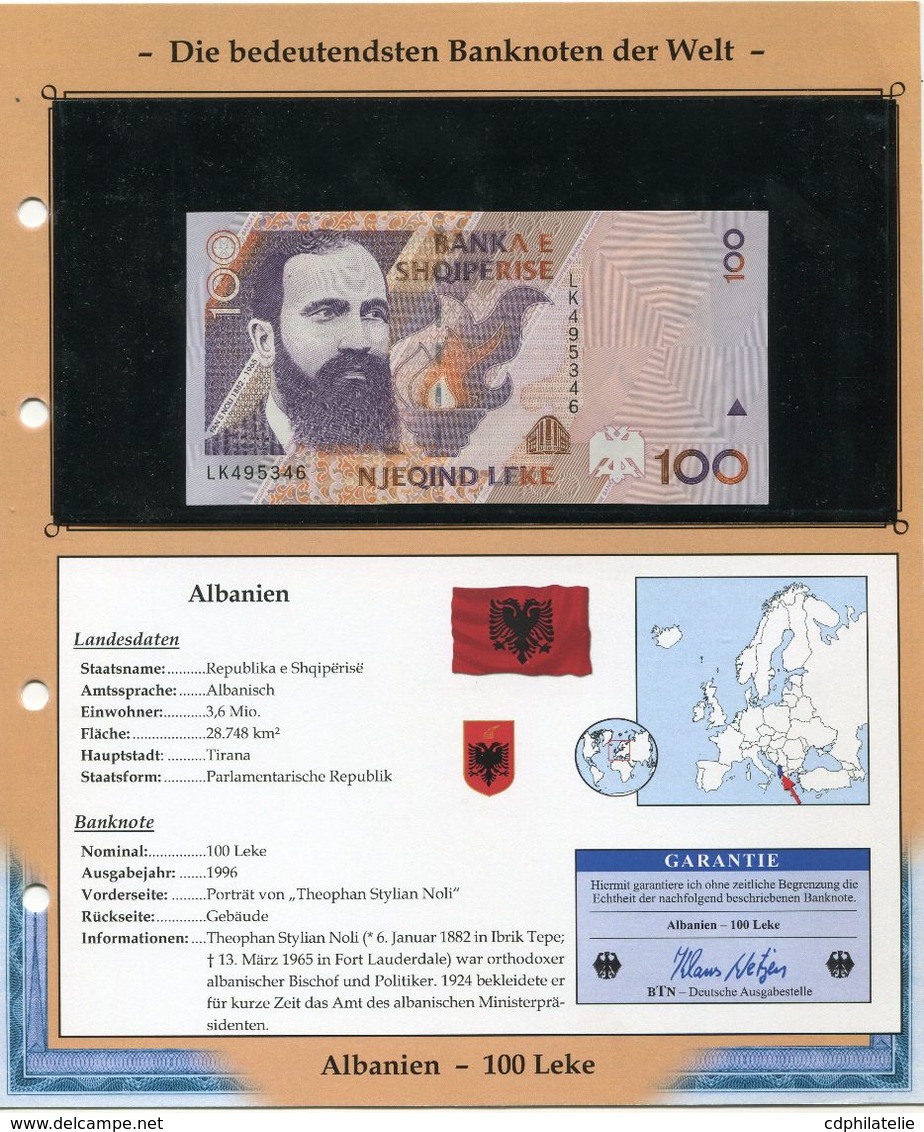 ALBANIE BILLET NEUF DE 100 LEKE DE 1996 AVEC CERTIFICAT - Albania