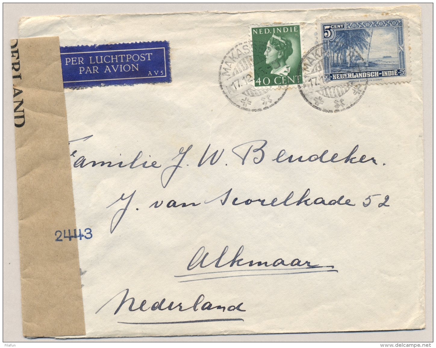 Nederlands Indië - 1945 - 40c Konijnenburg En 5c Palmenstrand Op Censored Cover Van Makasser Naar Alkmaar - Niederländisch-Indien