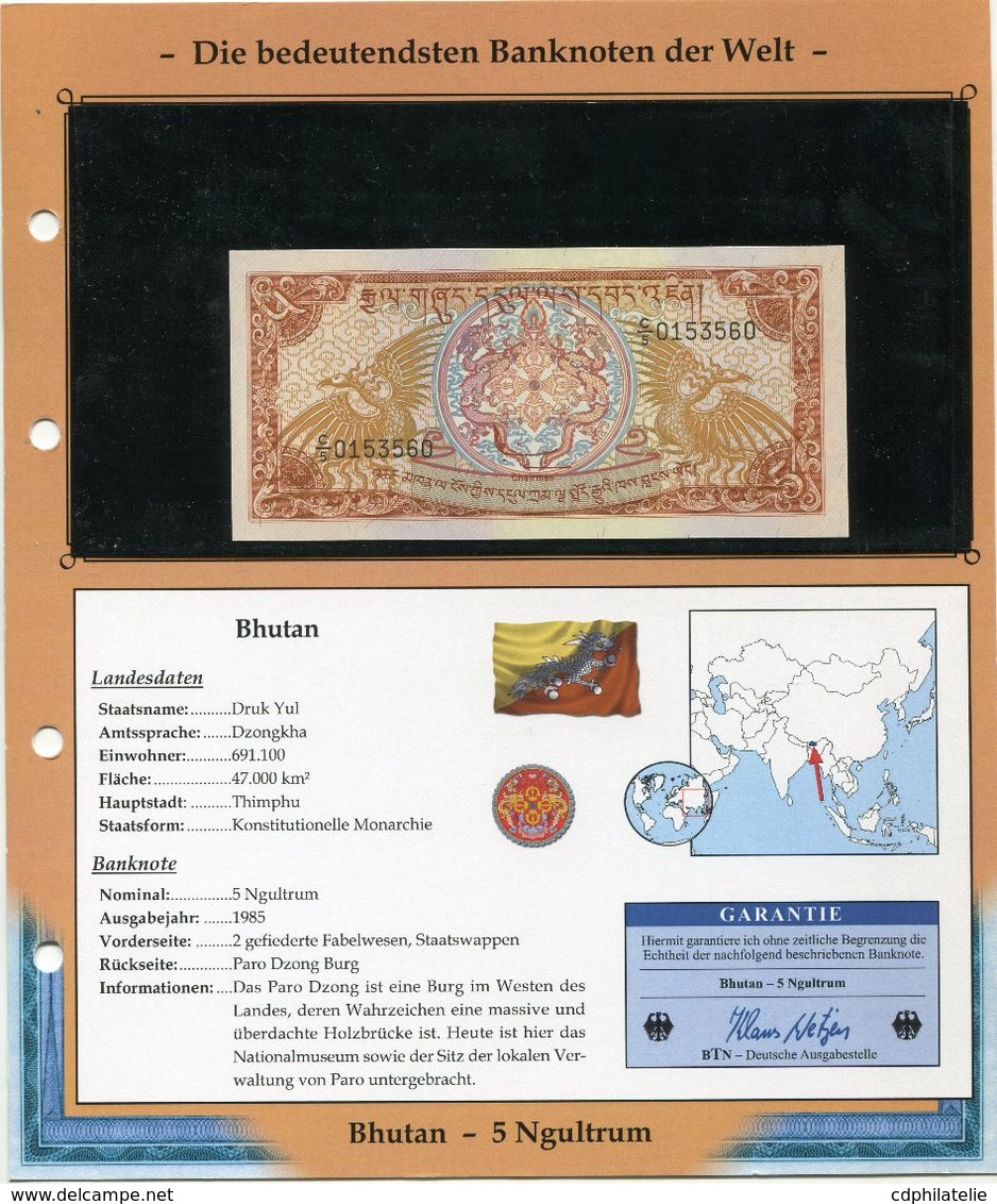 BHOUTAN BILLET NEUF DE 5 NGULTRUM DE 1985 AVEC CERTIFICAT - Bhután