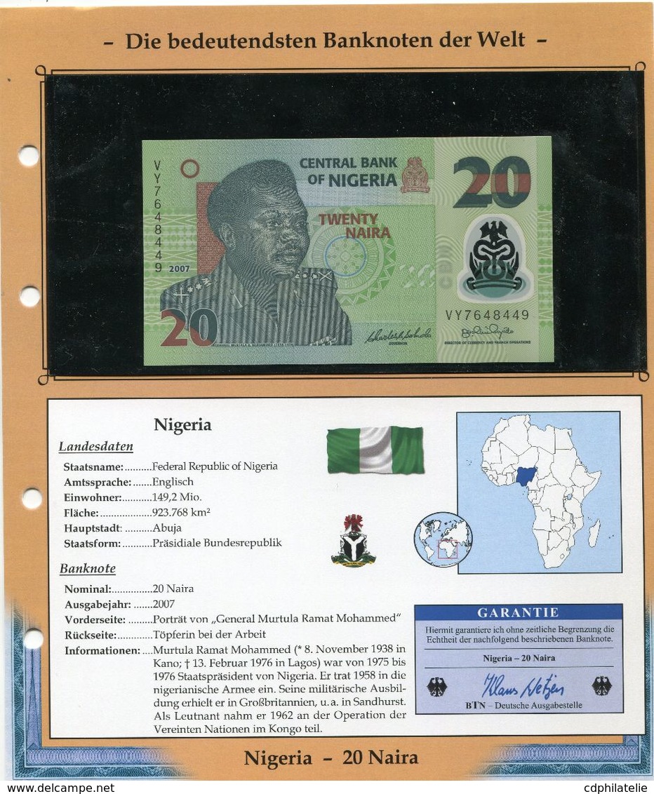 NIGERIA BILLET NEUF DE 20 NAIRA DE 2007 AVEC CERTIFICAT - Nigeria