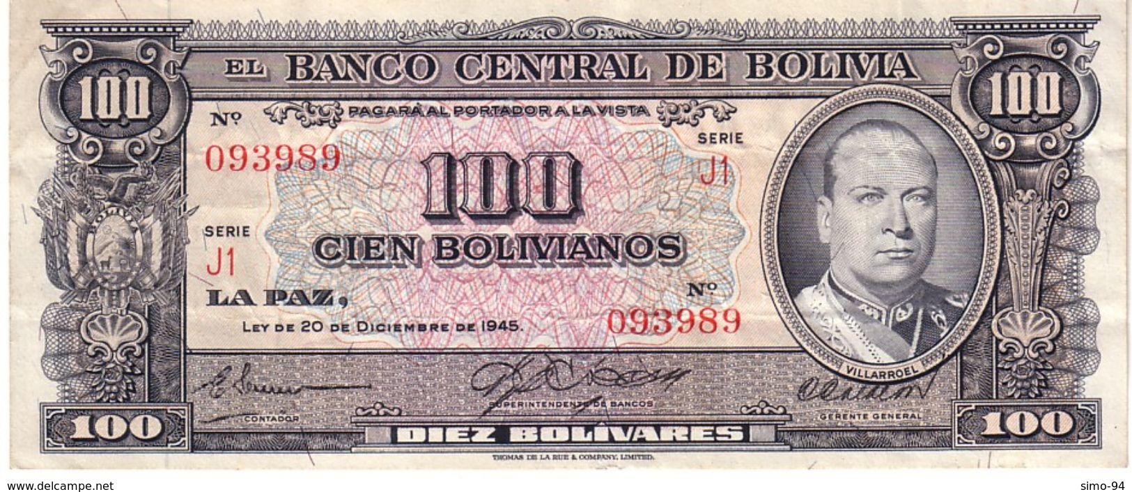 Bolivia P.147 100 Bolivianos 1945 Unc - Bolivia