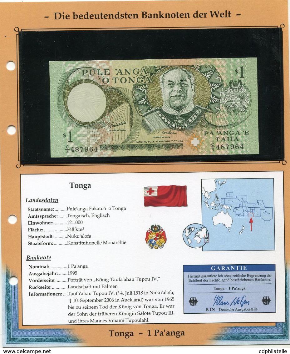 TONGA BILLET NEUF DE 1 PA'ANGA DE 1995 AVEC CERTIFICAT - Tonga