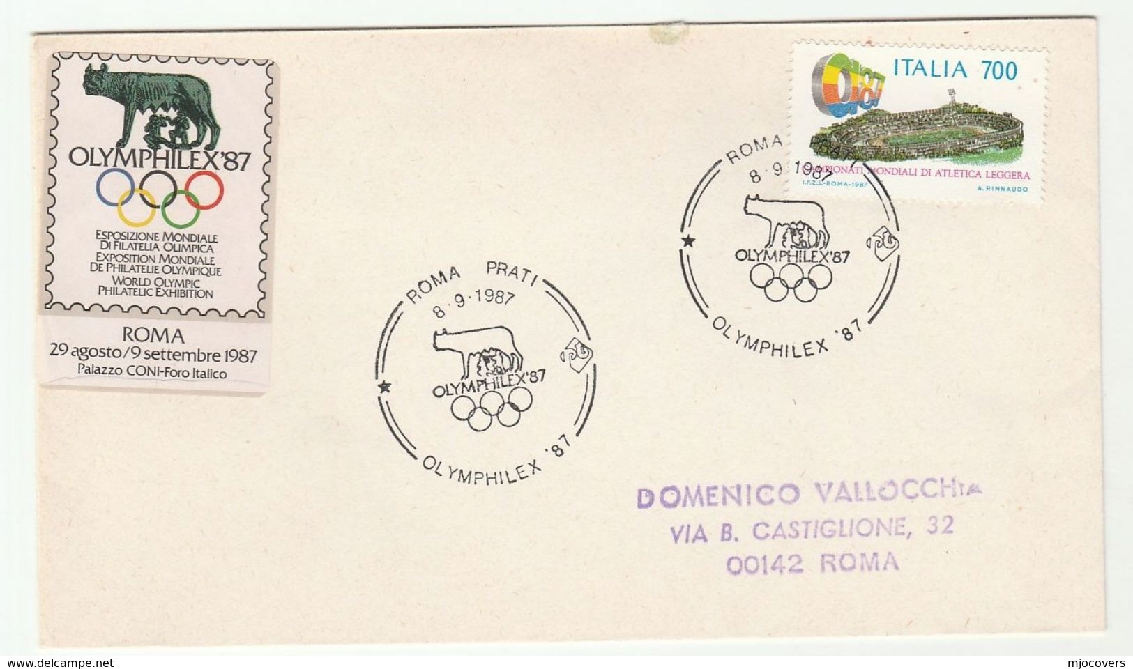 1987 8 Sept ROME OLYMPHILEX EVENT COVER With OLYMPIC EXHIBITION LABEL Olympics Games Philatelic Sport Wolf Italy Stamps - Other & Unclassified