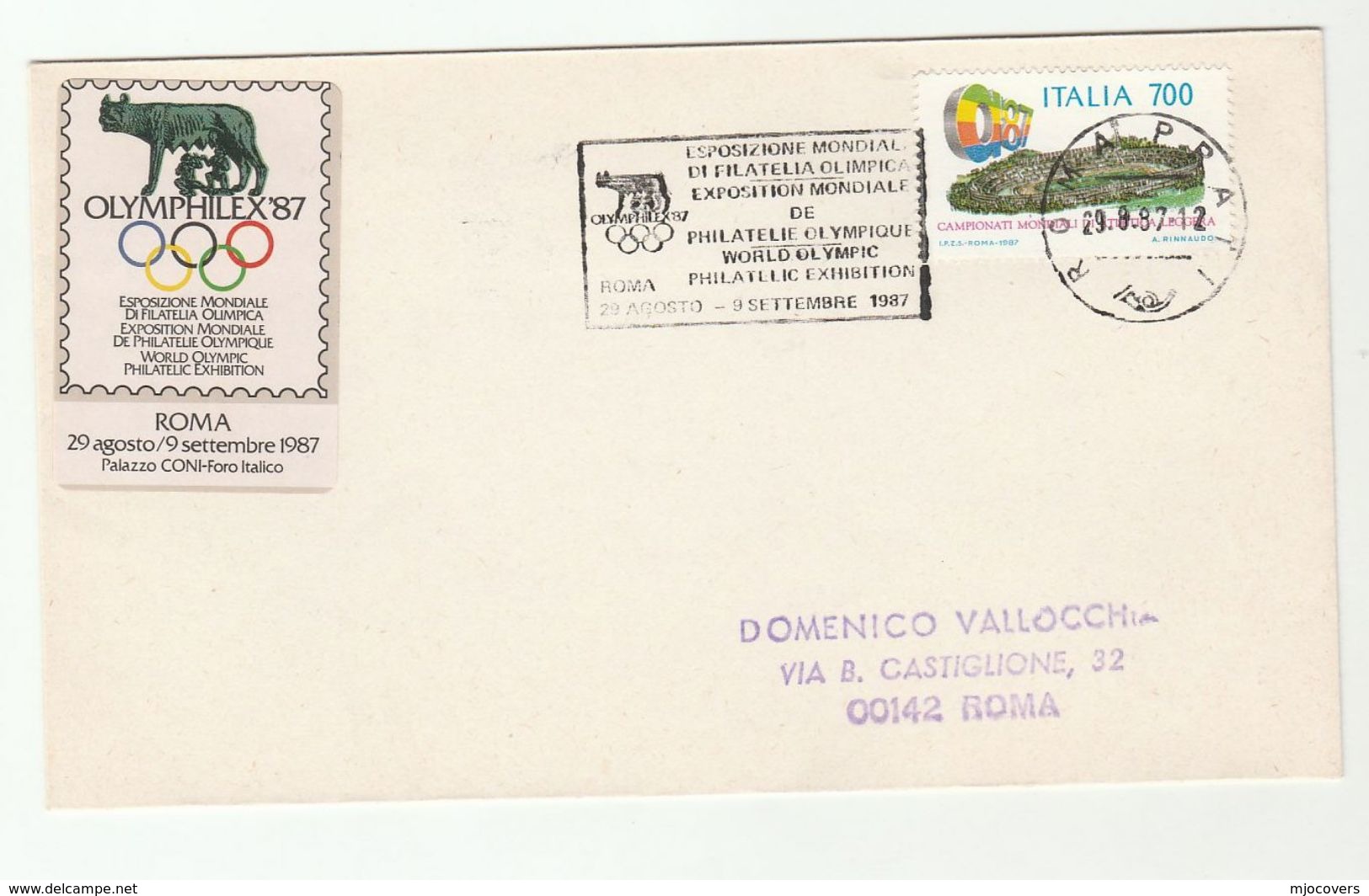 1987 OLYMPIC GAMES  EXHIBITION LABEL On OLYMPICS PHILATELIC EVENT COVER Slogan Sport Wolf Italy Stamps - Other & Unclassified