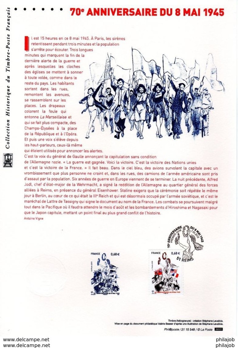 FRANCE 2015 : " 70e ANNIVERSAIRE DU 8 MAI 1945 " Sur Document Philatélique Officiel De 2015.  N° YT 4954. DPO - 2. Weltkrieg