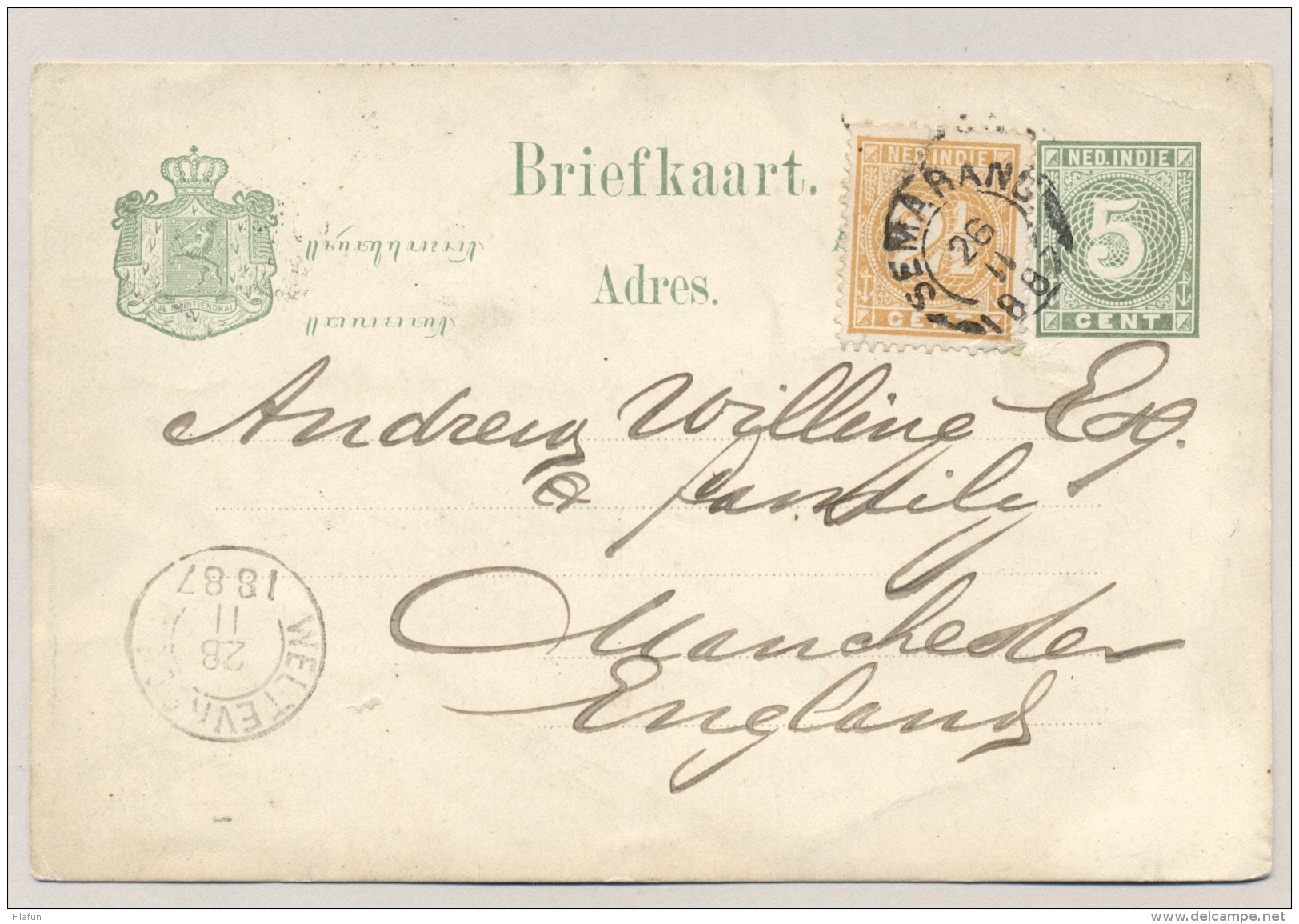 Nederlands Indië - 1887 - 2,5c Cijfer Op 5c Briefkaart Van Semarang Naar Manchester / UK - Netherlands Indies