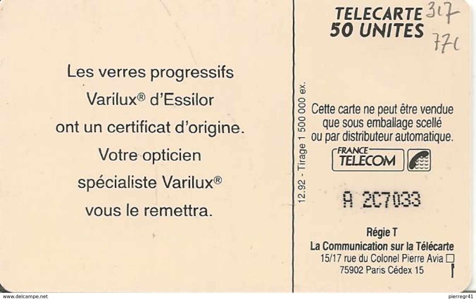 CARTE¤-PUBLIC-F317A.711-2 Arrondi-50U-SO3-12/92-VARILUX 2-UTILISE-TBE - 1992