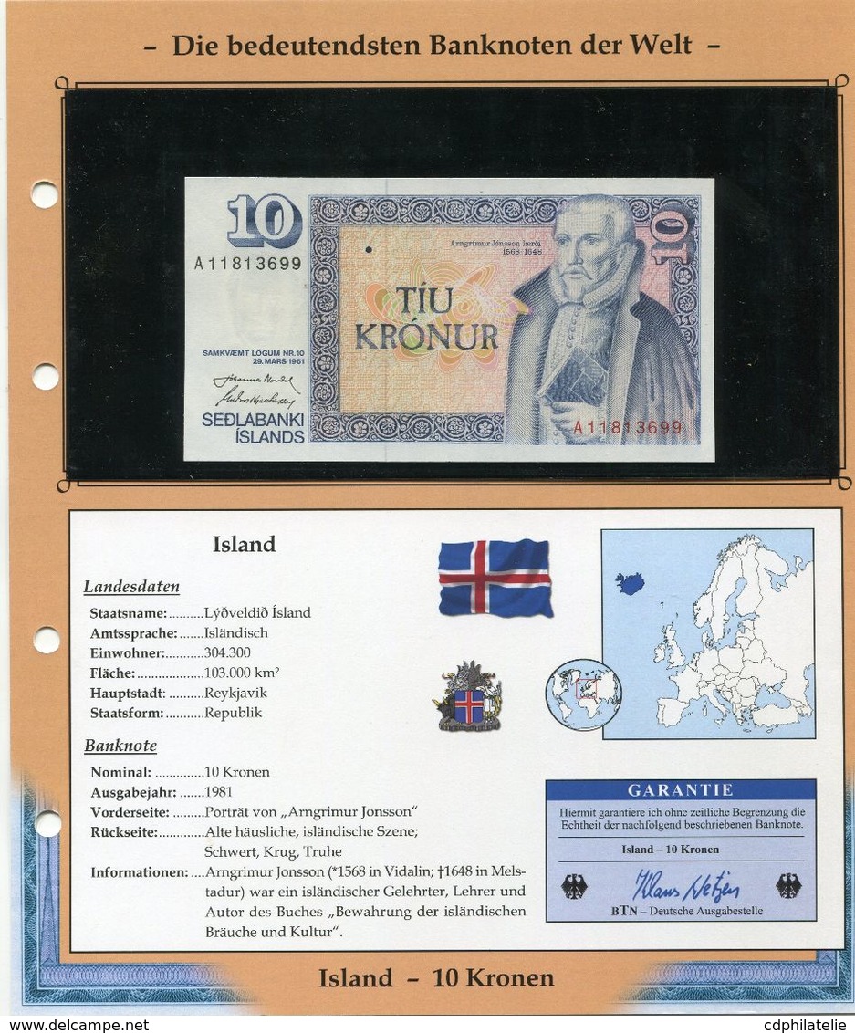 ISLANDE BILLET NEUF DE 10 KRONEN DE 1981 AVEC CERTIFICAT - Iceland