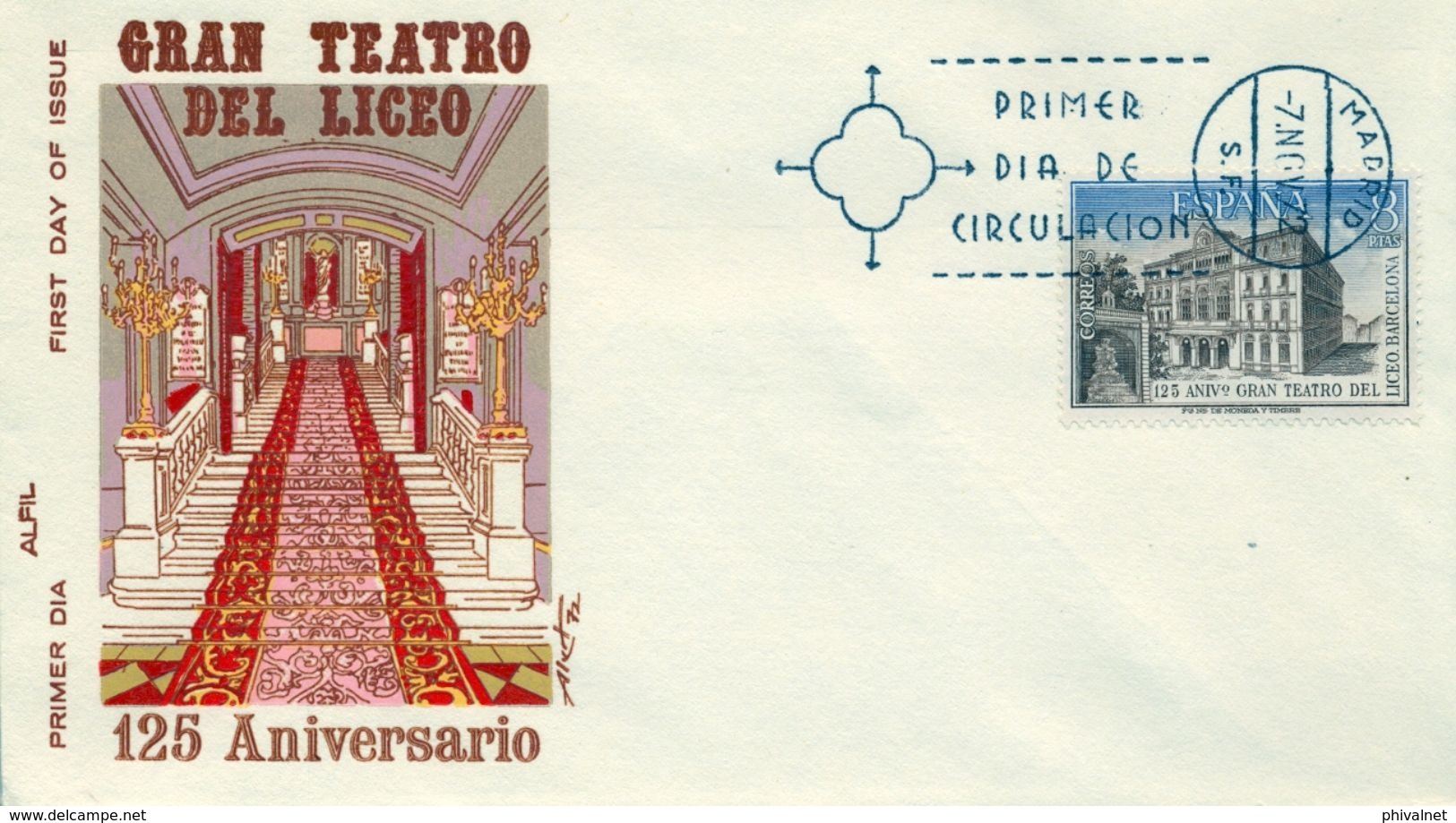 1972 , SOBRE DE PRIMER DIA , ED. 2114 , 125 ANIV. TEATRO DEL LICEO - FDC