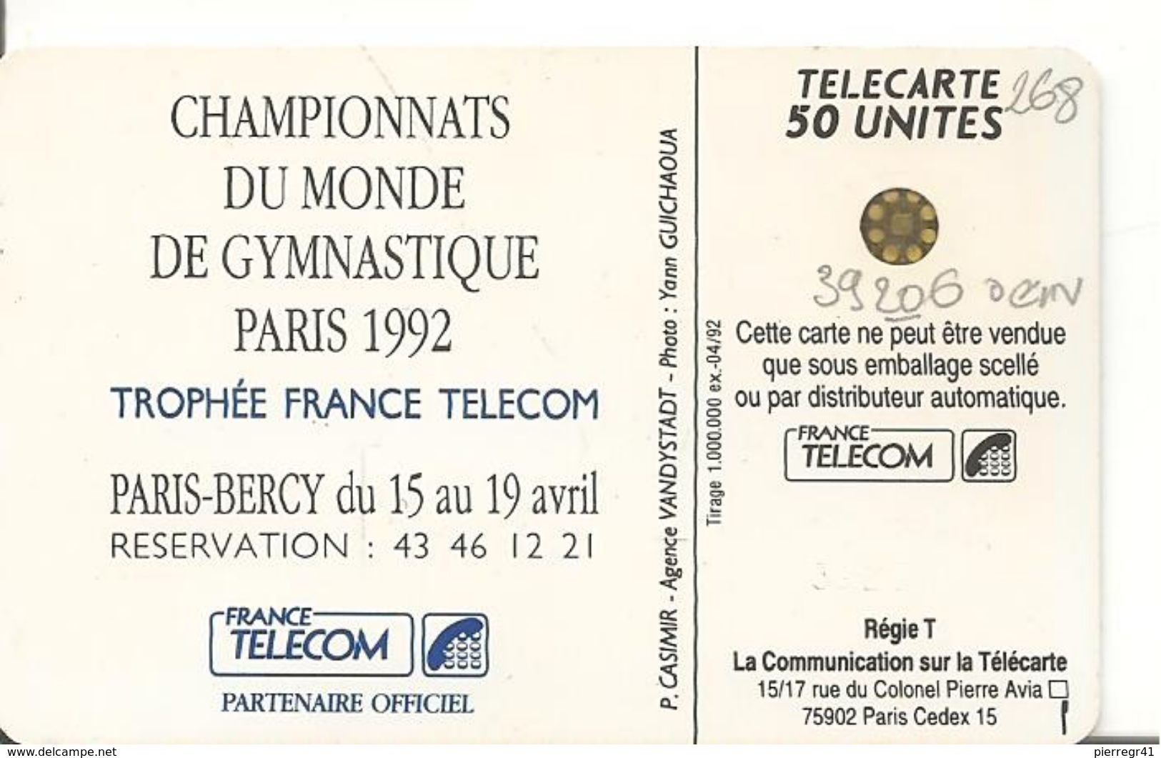 CARTE¤-50U -F268-SC4.529-Trou 6--V°5 Ge 39206 -0 Envers-BERCY 2-HOMME-UTILISE-TBE - 1992