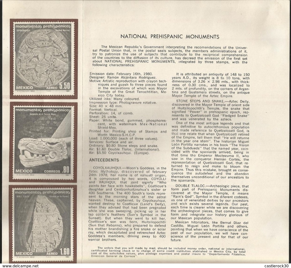 J) 1980 MEXICO, NATIONAL PREHISPANIC MONUMENTS,  COYOLHAYHQUI (MEXICAN DEITY), SERPIENTE IN THE MAJOR TEMPLE, DOUBLE TLA - Mexiko