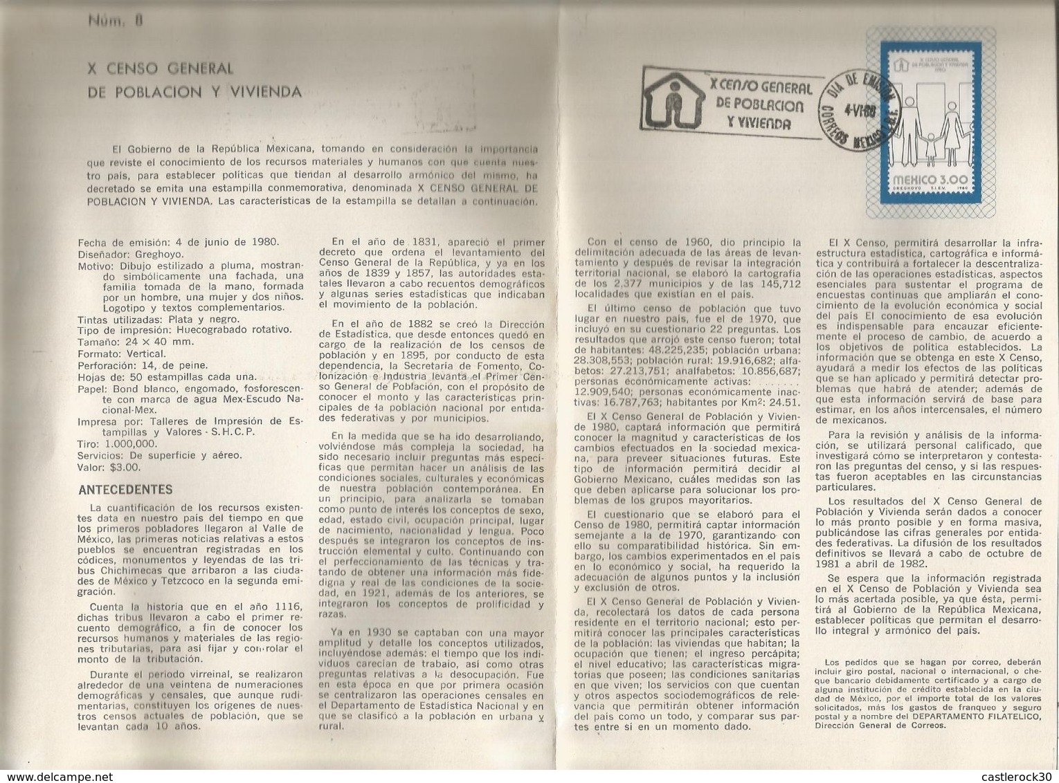 J) 1980 MEXICO, X GENERAL CENSUS OF POPULATION AND HOUSING, FDB - Mexico