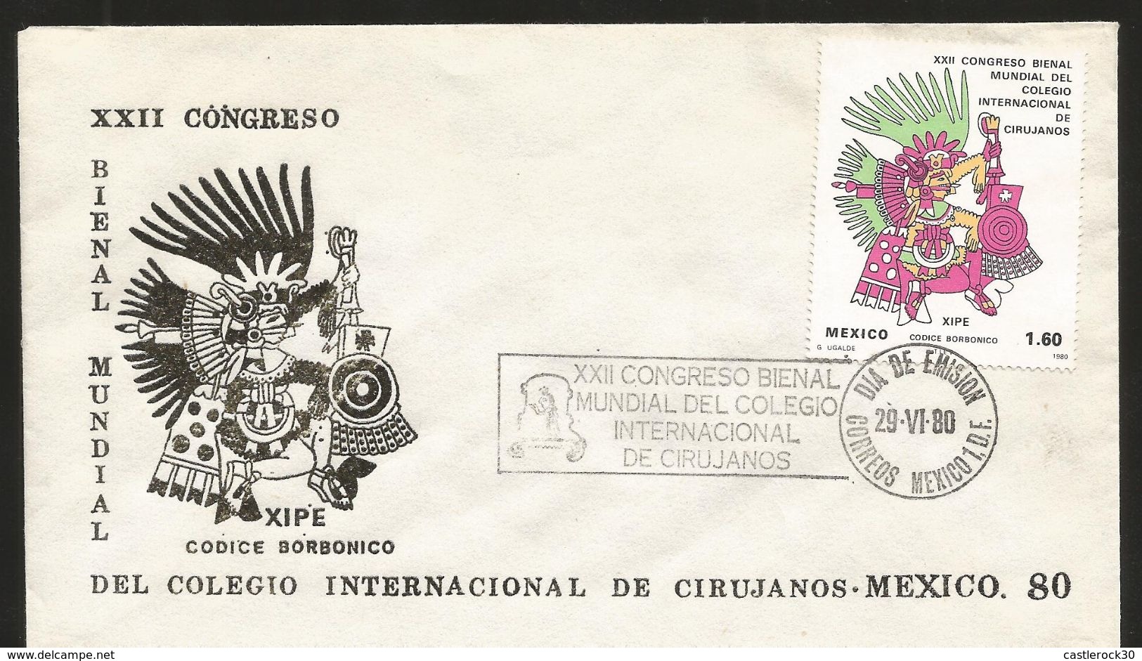 J) 1980 MEXICO, XXII INTERNATIONAL BIENNIAL CONGRESS INTERNATIONAL COLLEGE OF SURGEONS, BORBONIC CODE, XIPE, SET OF 7 FD - Mexico
