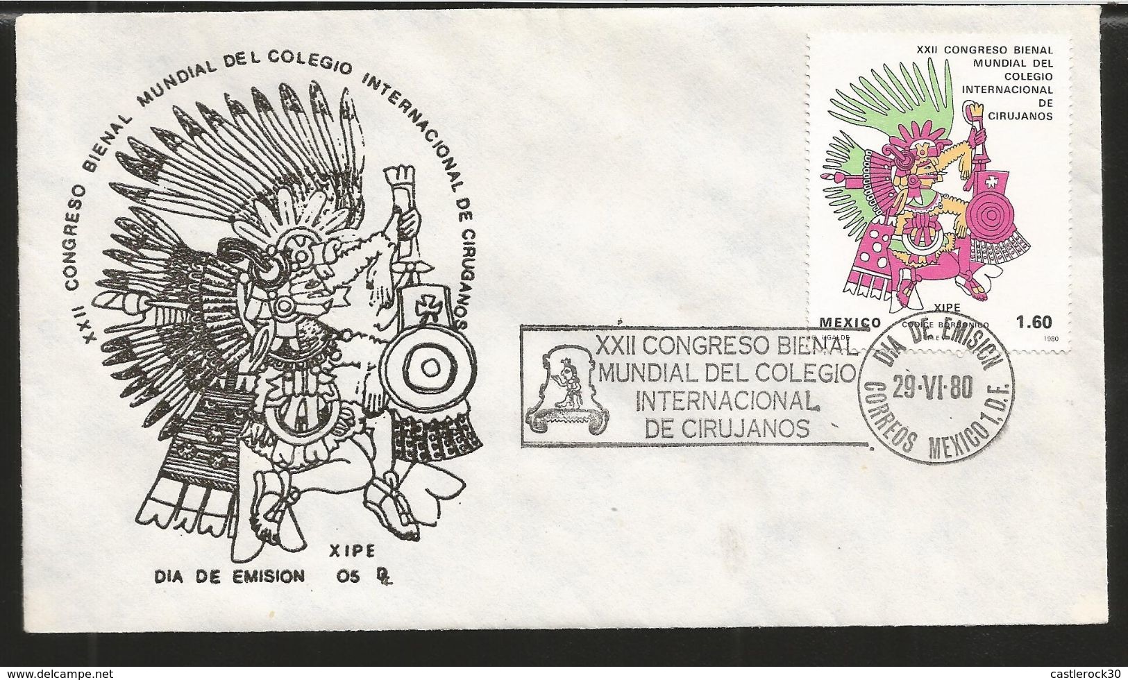 J) 1980 MEXICO, XXII INTERNATIONAL BIENNIAL CONGRESS INTERNATIONAL COLLEGE OF SURGEONS, BORBONIC CODE, XIPE, SET OF 7 FD - Mexico