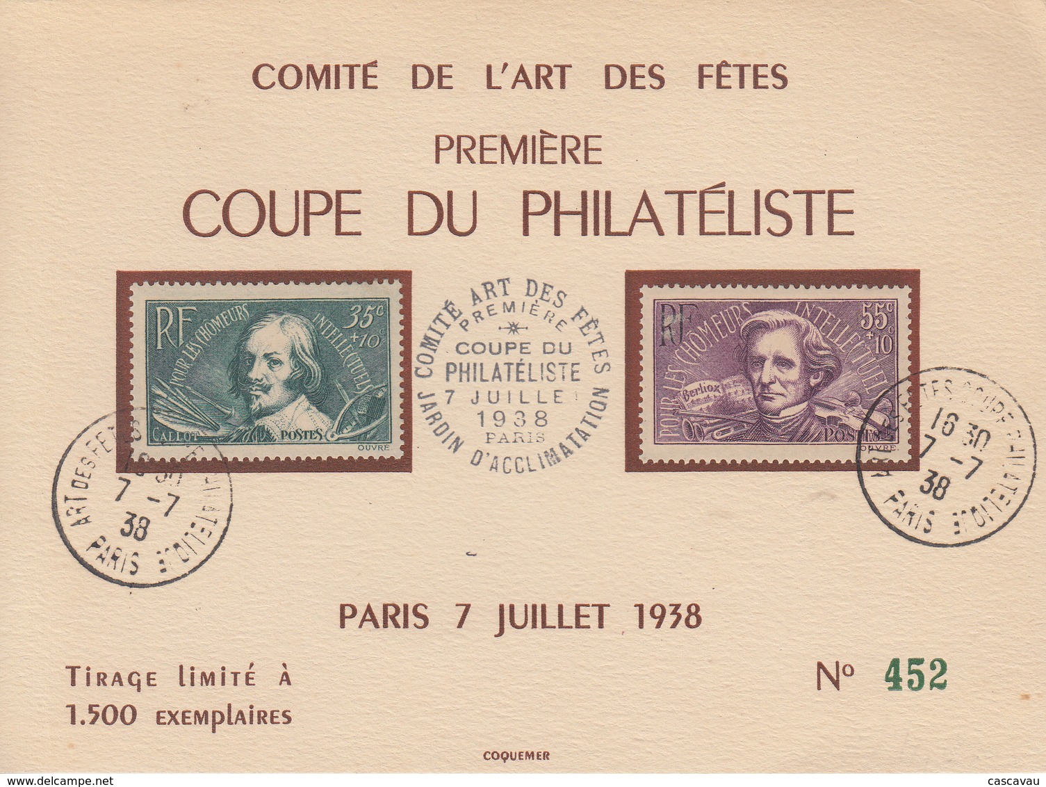 Carte  FRANCE   Comité  De  L' Art   Des   Fêtes   1ére   Coupe  Du   Philatéliste  1938 - Cachets Commémoratifs
