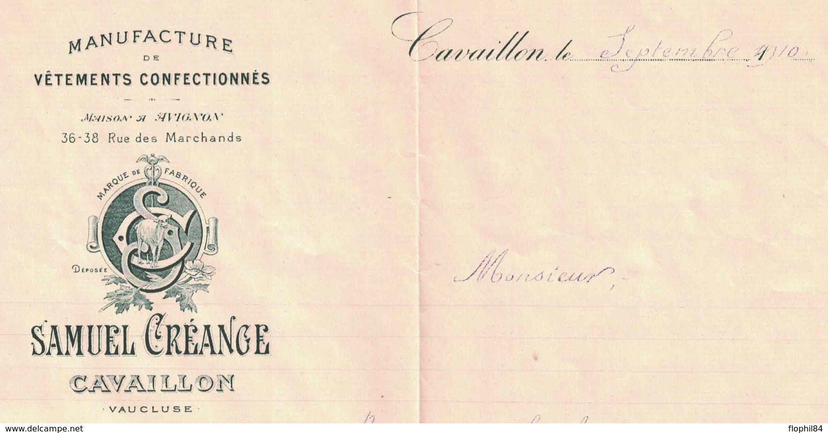 VAUCLUSE - CAVAILLON - MANUFACTURE DE VETEMENTS CONFECTIONNNES - SAMUEL CREANGE - ENVELOPPE AVEC CORRESPONDANCE EN 1910 - Autres & Non Classés