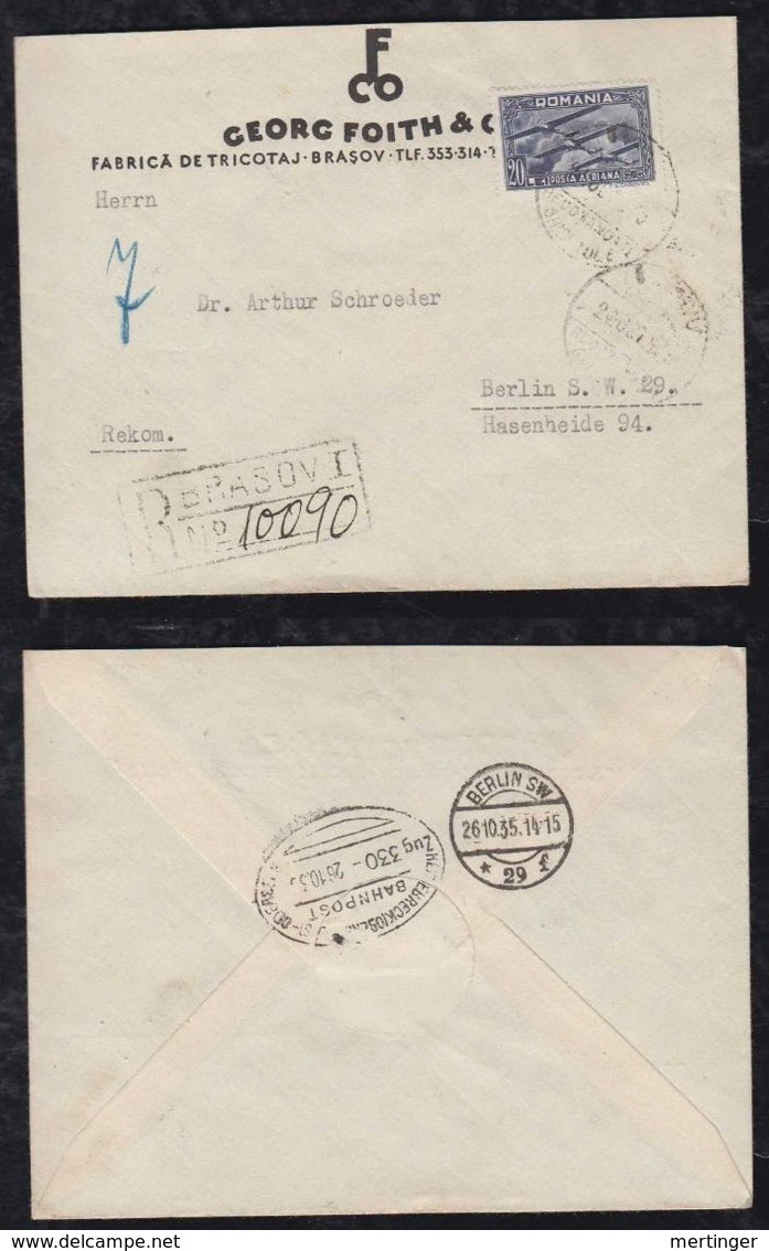 Rumänien Romania 1935 Registered Cover BRASOV To BERLIN Germany 20L Single Use - Lettres & Documents